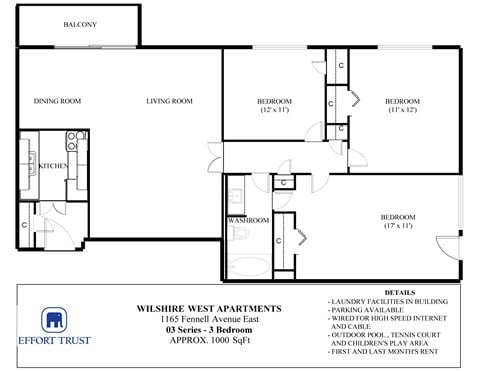 Floor plan for 3 beds, 1 bath, 1200 sqft